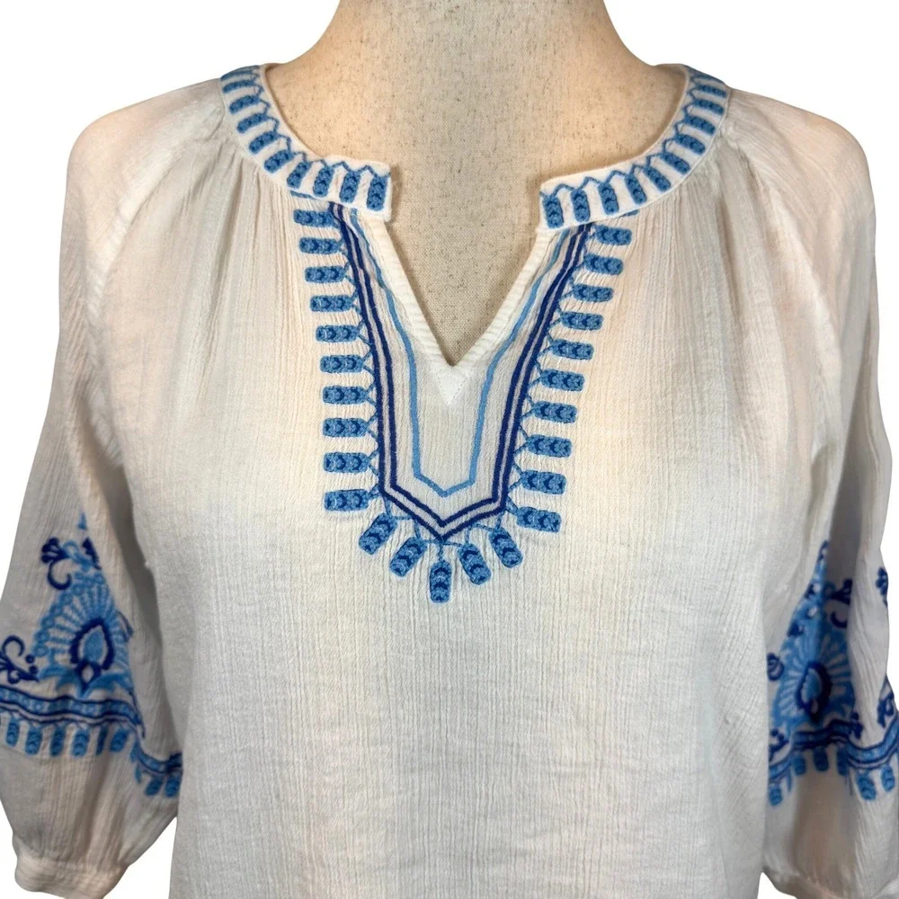Talbots Gauze Cotton Embroidered Blouse White Blue Boho Peasant Cottagecore PM - Picture 2 of 8